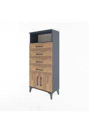 Arges Dolap Tek Raflı 4 Çekmeceli 2 Kapaklı 60x30x134 Antrasit-Çam