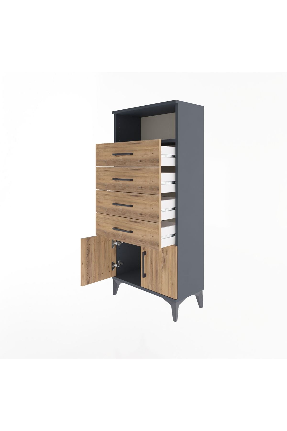 Arges Dolap Tek Raflı 4 Çekmeceli 2 Kapaklı 60x30x134 Antrasit-Çam