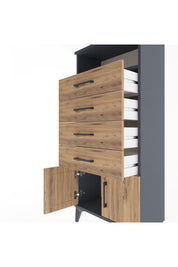 Arges Dolap Tek Raflı 4 Çekmeceli 2 Kapaklı 60x30x134 Antrasit-Çam