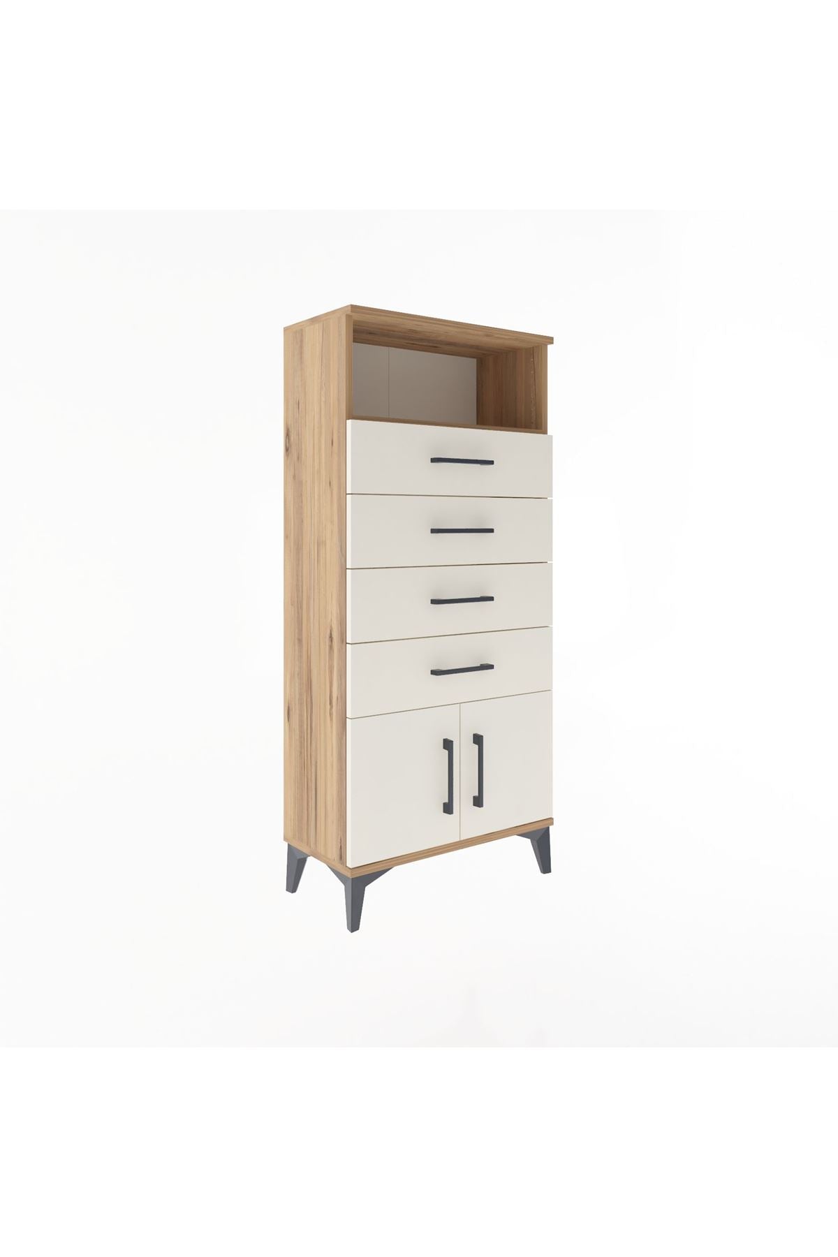 Arges Dolap Tek Raflı 4 Çekmeceli 2 Kapaklı 60x30x134 Çam-Aytaşı