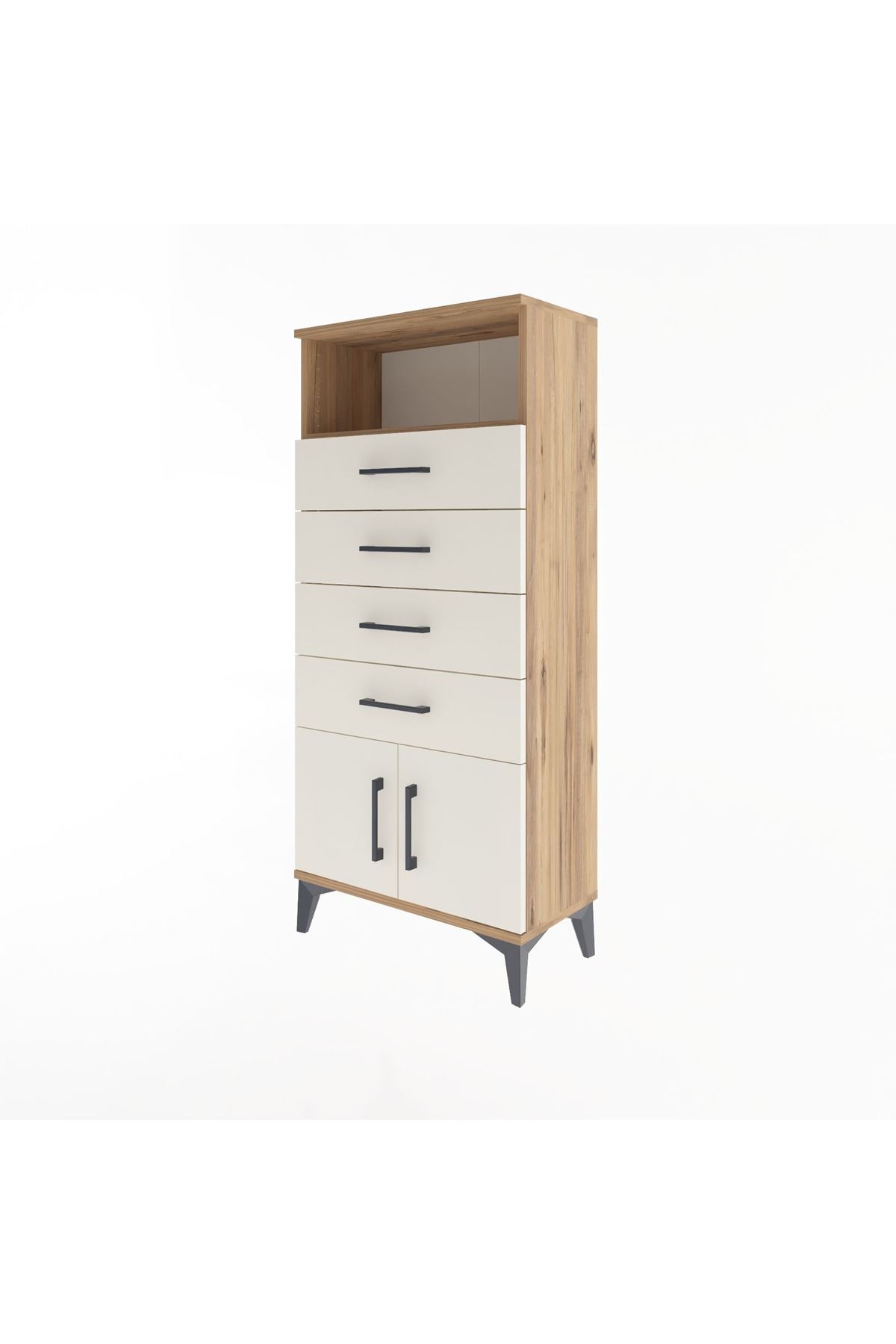 Arges Dolap Tek Raflı 4 Çekmeceli 2 Kapaklı 60x30x134 Çam-Aytaşı