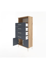 Arges Dolap Tek Raflı 4 Çekmeceli 2 Kapaklı 60x30x134 Çam-Antrasit