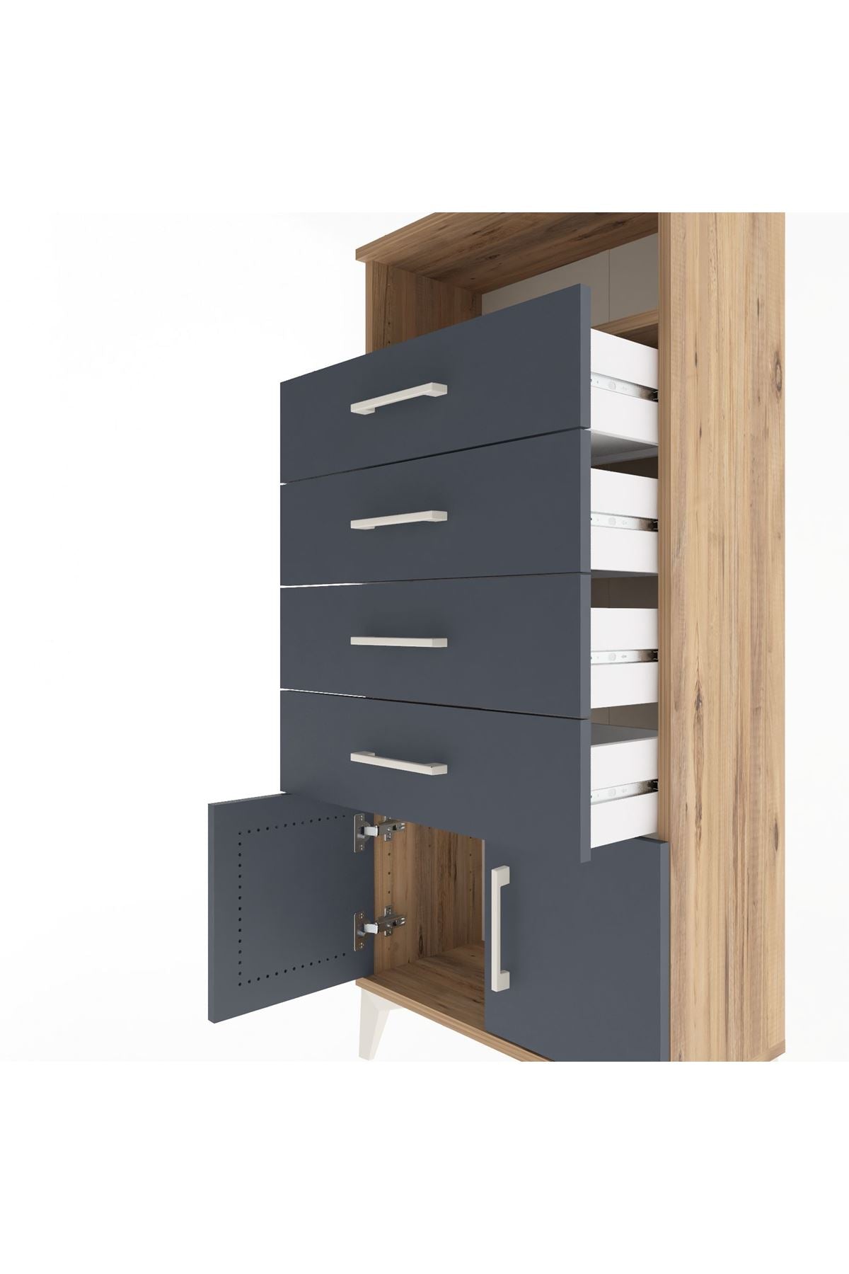 Arges Dolap Tek Raflı 4 Çekmeceli 2 Kapaklı 60x30x134 Çam-Antrasit