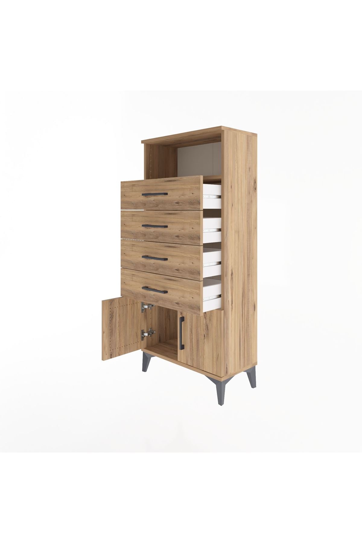 Arges Dolap Tek Raflı 4 Çekmeceli 2 Kapaklı 60x30x134 Çam-Çam