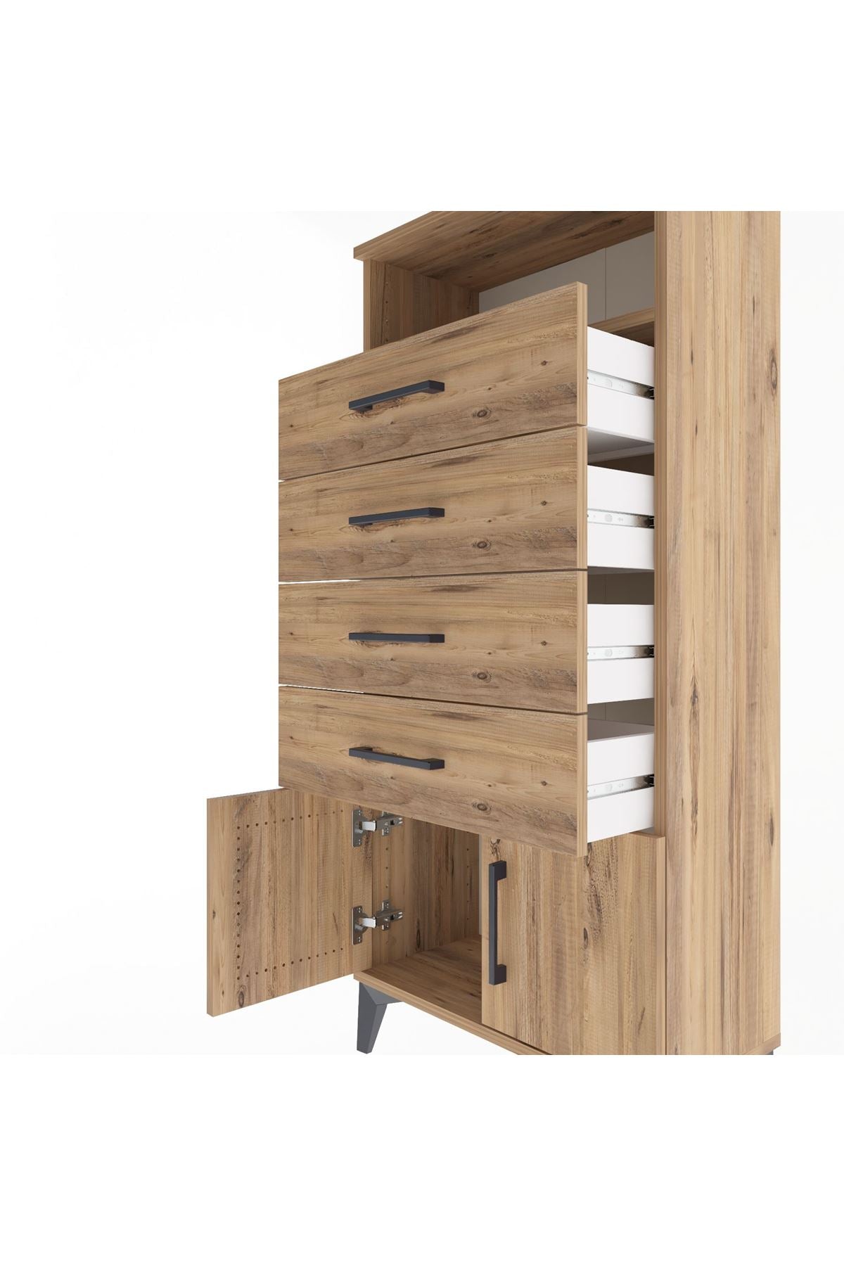 Arges Dolap Tek Raflı 4 Çekmeceli 2 Kapaklı 60x30x134 Çam-Çam