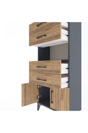 Arges Dolap Tek Raflı 4 Çekmeceli 2 Kapaklı 60x30x134 Antrasit-Çam