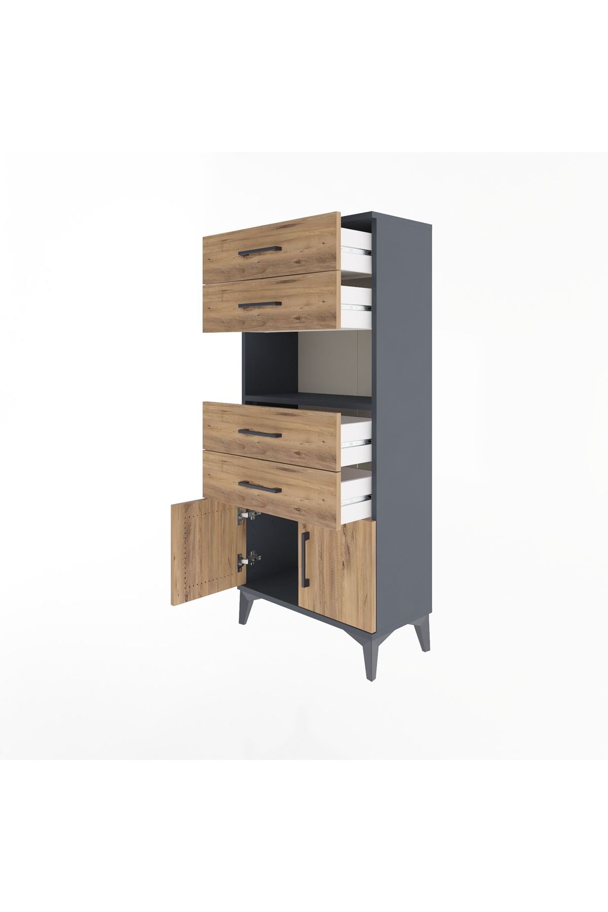 Arges Dolap Tek Raflı 4 Çekmeceli 2 Kapaklı 60x30x134 Antrasit-Çam