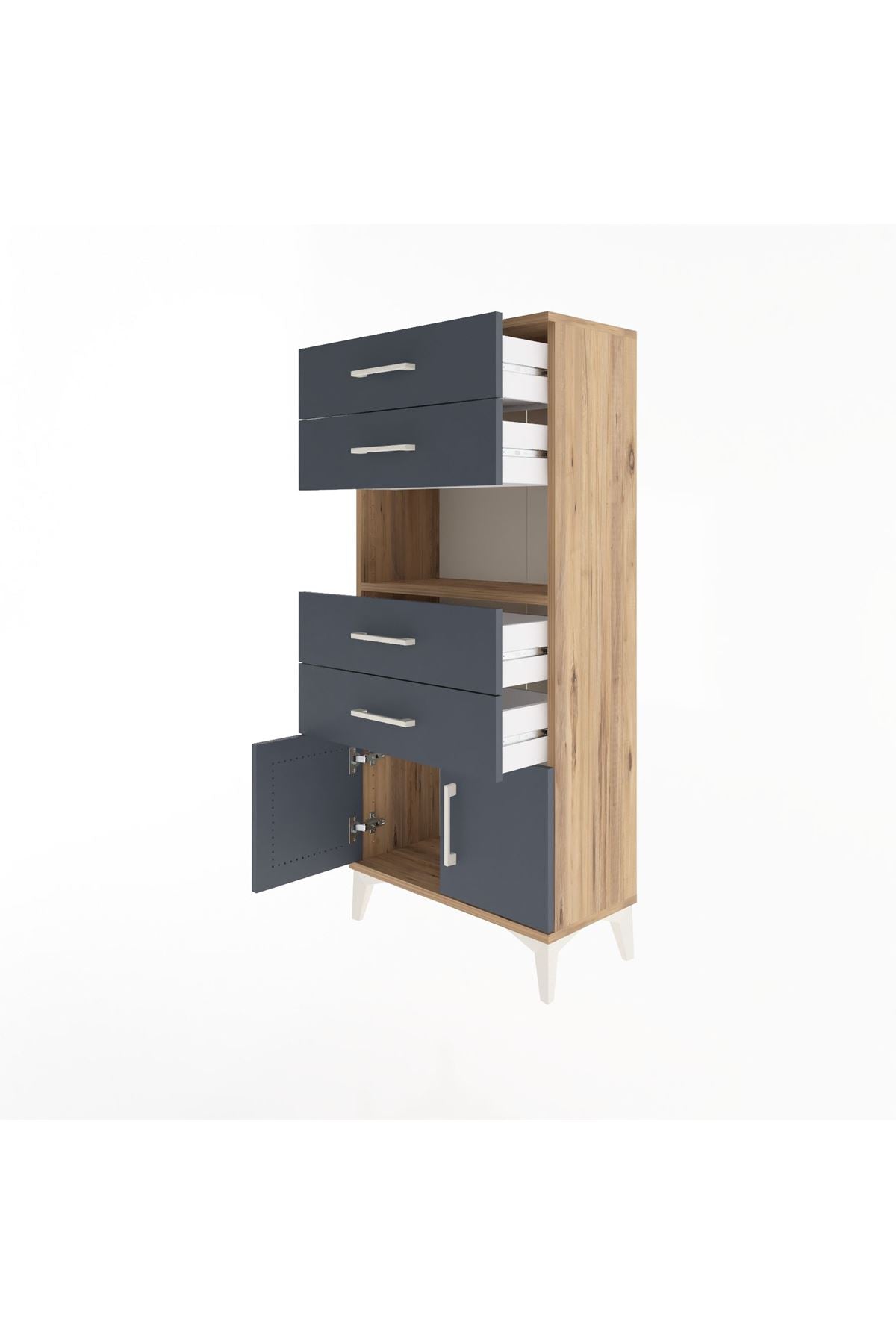 Arges Dolap Tek Raflı 4 Çekmeceli 2 Kapaklı 60x30x134 Çam-Antrasit