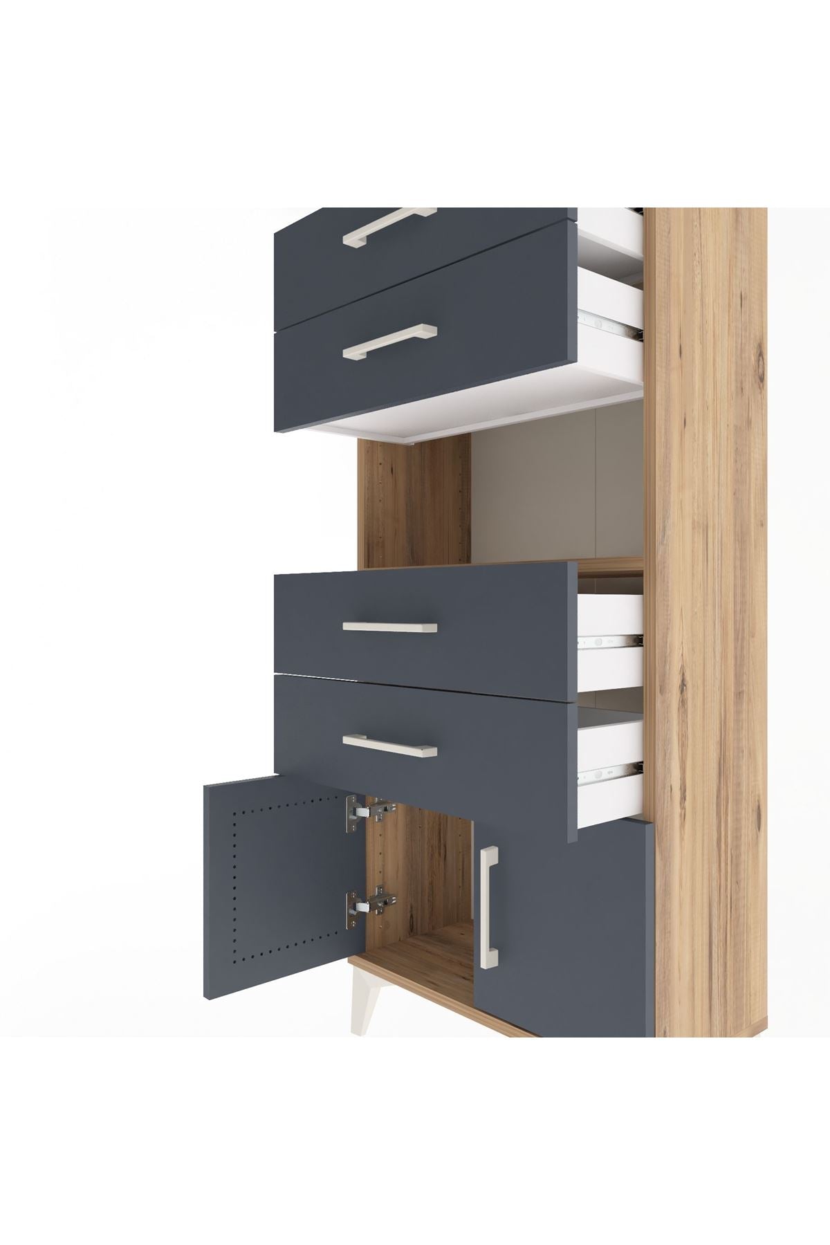 Arges Dolap Tek Raflı 4 Çekmeceli 2 Kapaklı 60x30x134 Çam-Antrasit