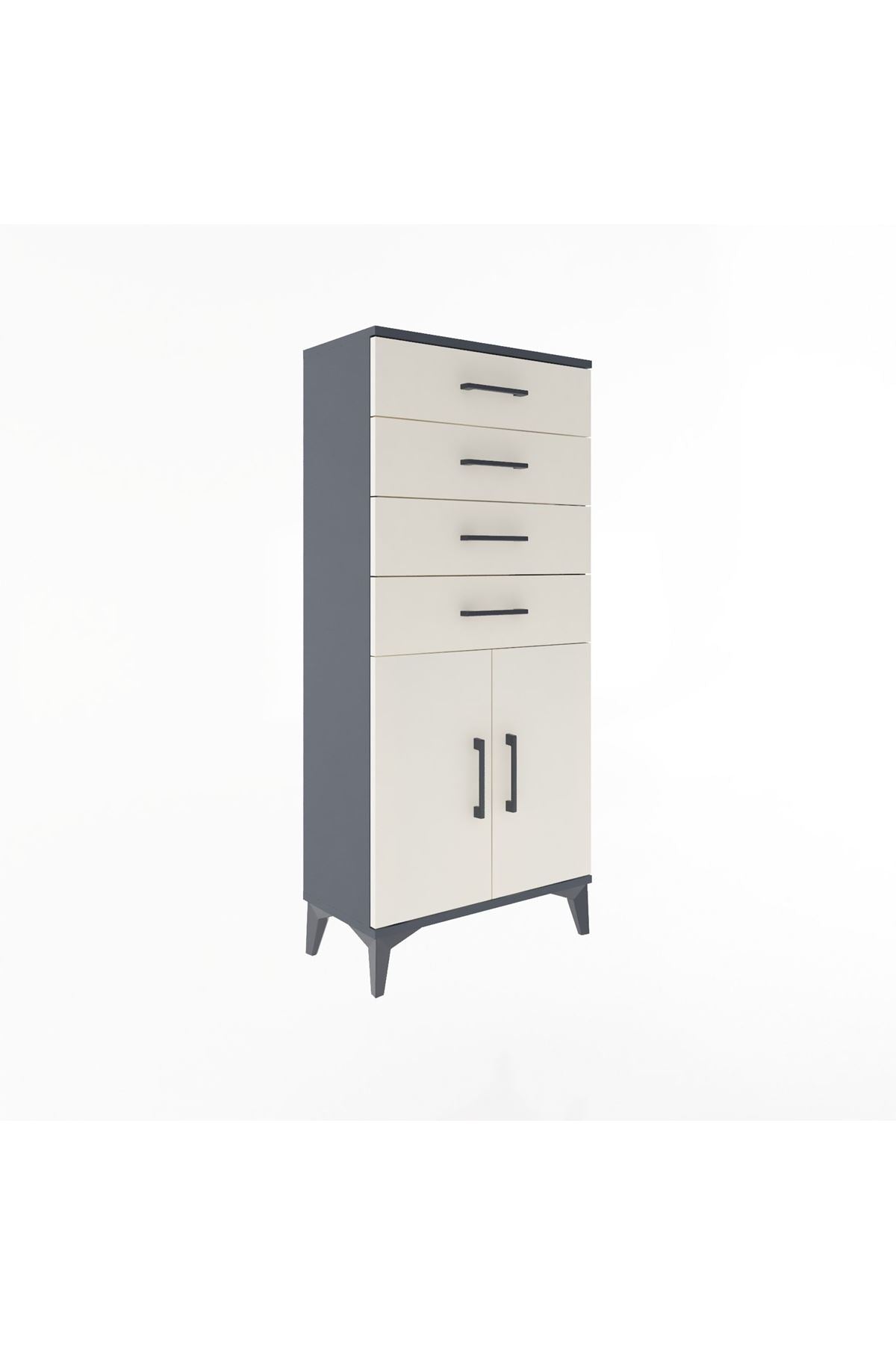 Arges Dolap Tek Raflı 4 Çekmeceli 2 Kapaklı 60x30x134 Antrasit-Aytaşı