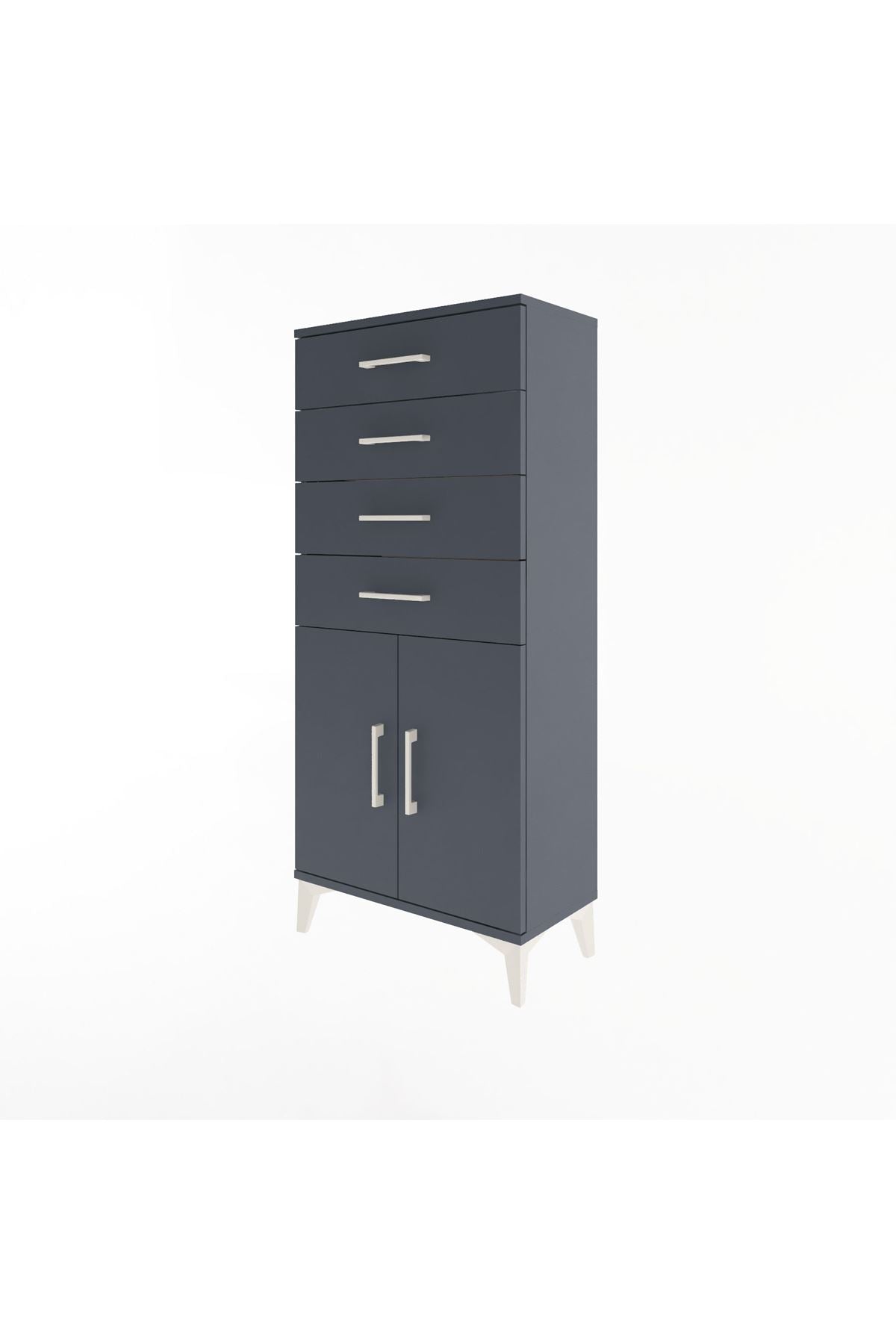 Arges Dolap Tek Raflı 4 Çekmeceli 2 Kapaklı 60x30x134 Antrasit-Antrasit