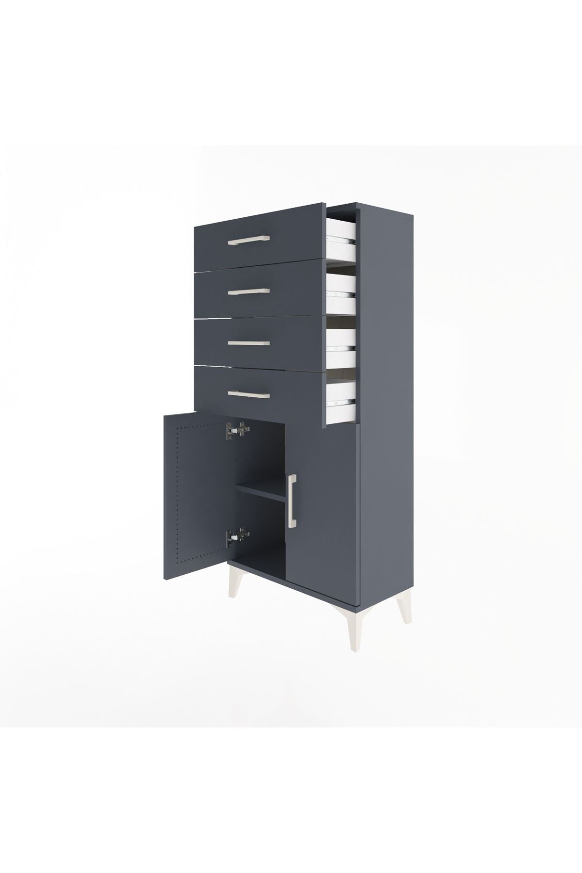 Arges Dolap Tek Raflı 4 Çekmeceli 2 Kapaklı 60x30x134 Antrasit-Antrasit