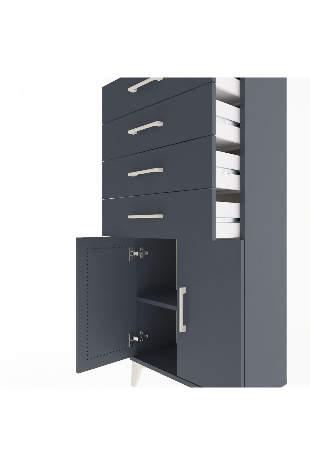 Arges Dolap Tek Raflı 4 Çekmeceli 2 Kapaklı 60x30x134 Antrasit-Antrasit