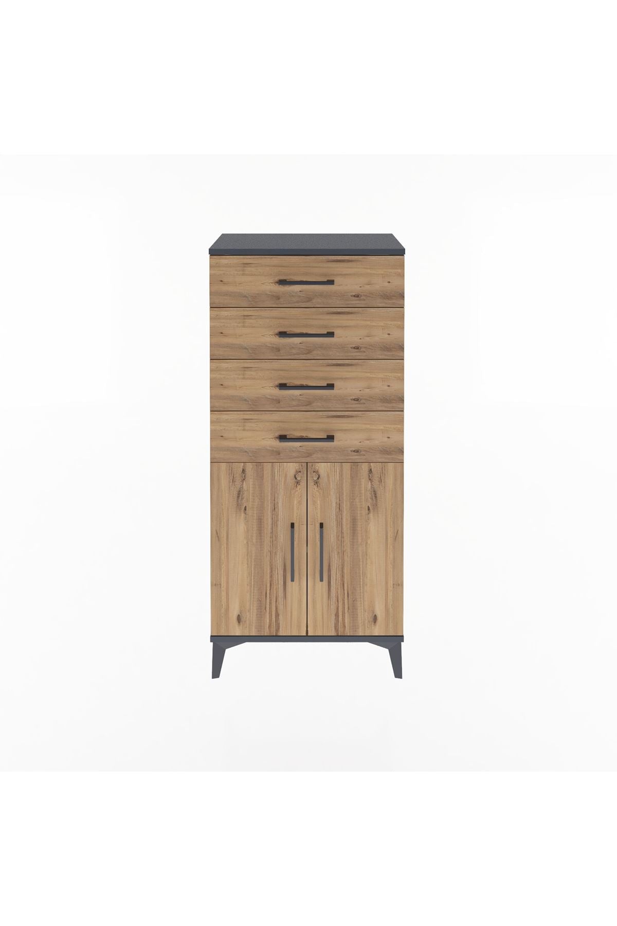 Arges Dolap Tek Raflı 4 Çekmeceli 2 Kapaklı 60x30x134 Antrasit-Çam