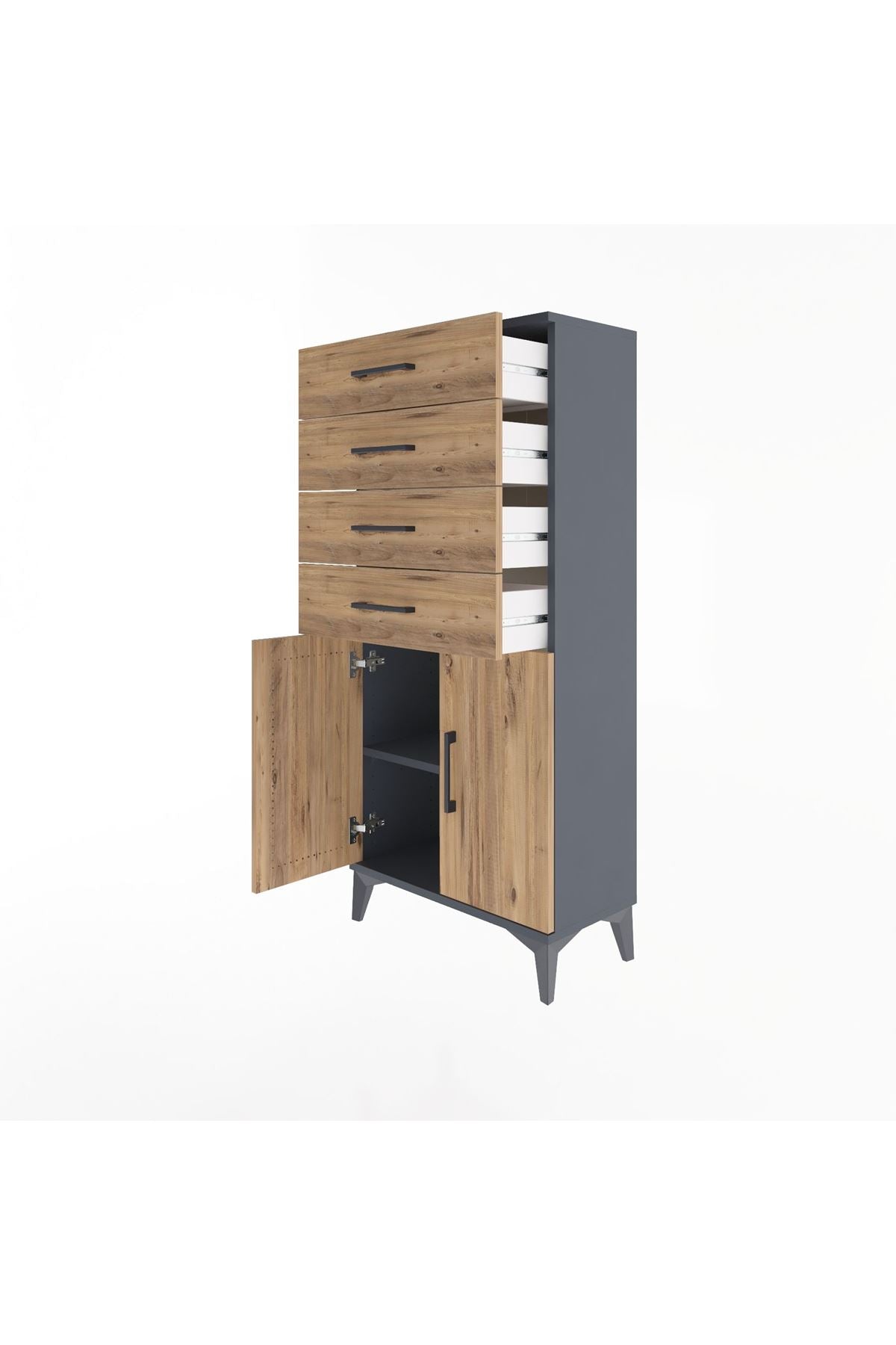 Arges Dolap Tek Raflı 4 Çekmeceli 2 Kapaklı 60x30x134 Antrasit-Çam