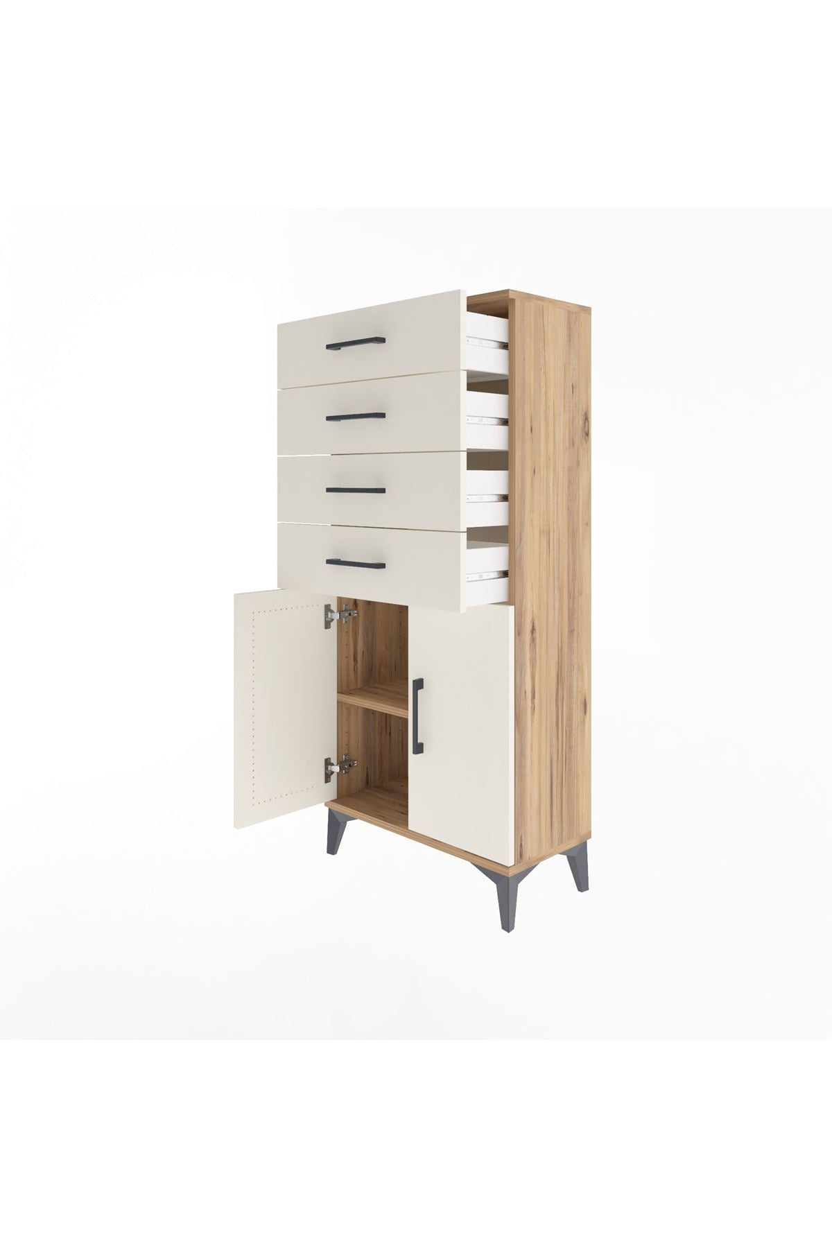 Arges Dolap Tek Raflı 4 Çekmeceli 2 Kapaklı 60x30x134 Çam-Aytaşı