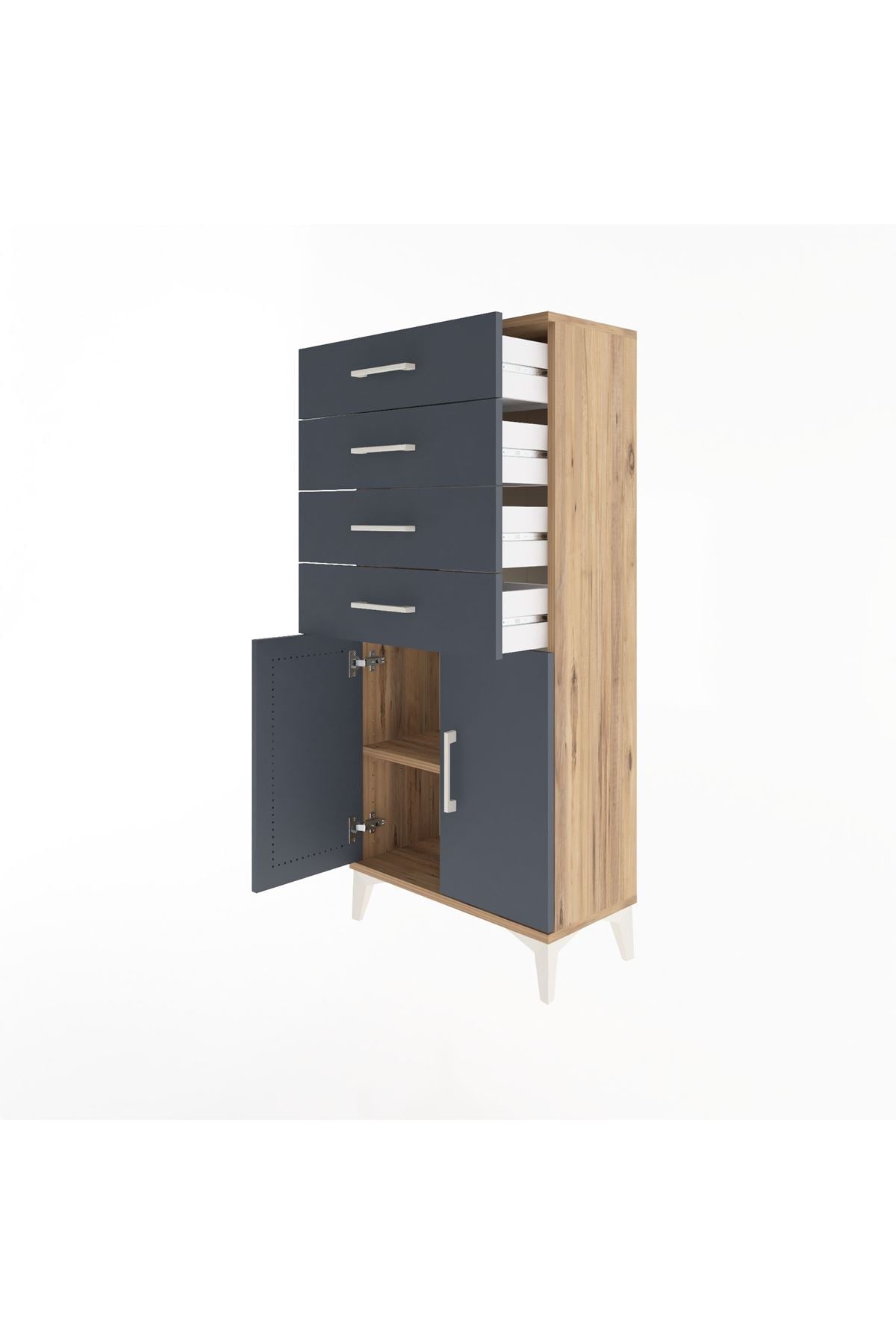 Arges Dolap Tek Raflı 4 Çekmeceli 2 Kapaklı 60x30x134 Çam-Antrasit