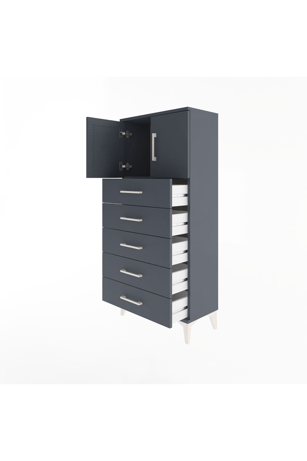 Arges Dolap Tek Raflı 4 Çekmeceli 2 Kapaklı 60x30x134 Antrasit-Antrasit