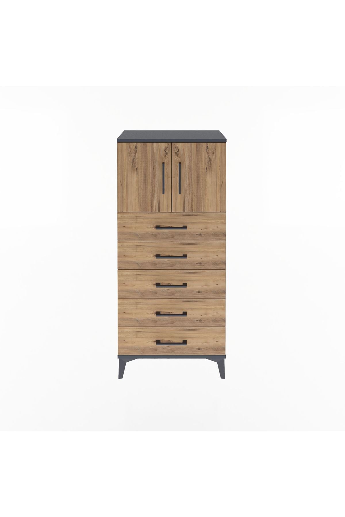 Arges Dolap Tek Raflı 4 Çekmeceli 2 Kapaklı 60x30x134 Antrasit-Çam