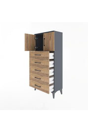 Arges Dolap Tek Raflı 4 Çekmeceli 2 Kapaklı 60x30x134 Antrasit-Çam