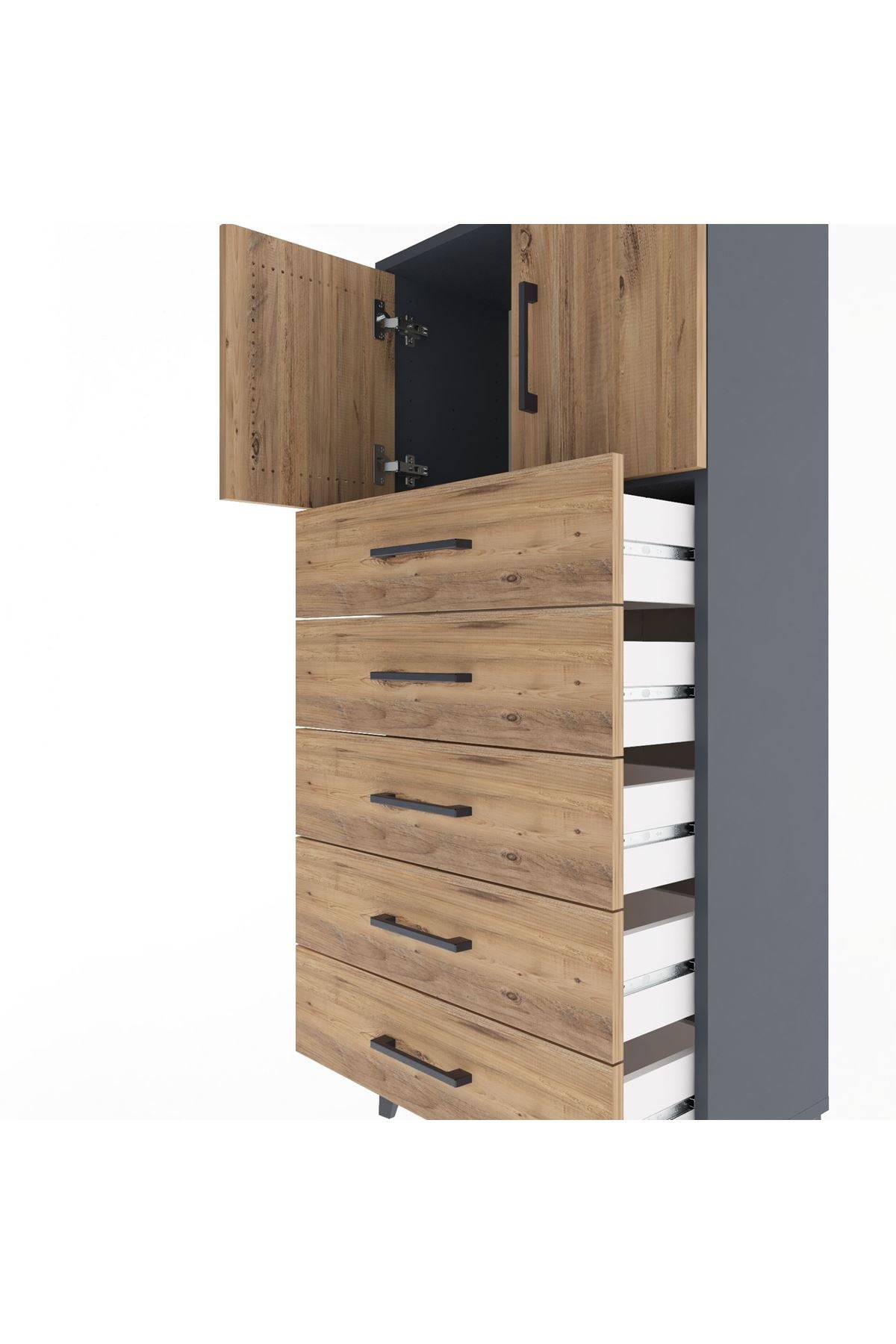 Arges Dolap Tek Raflı 4 Çekmeceli 2 Kapaklı 60x30x134 Antrasit-Çam