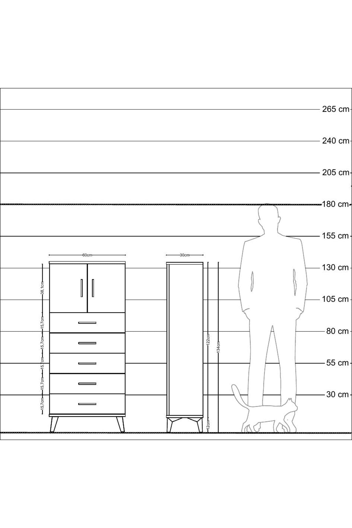 Arges Dolap Tek Raflı 4 Çekmeceli 2 Kapaklı 60x30x134 Antrasit-Çam