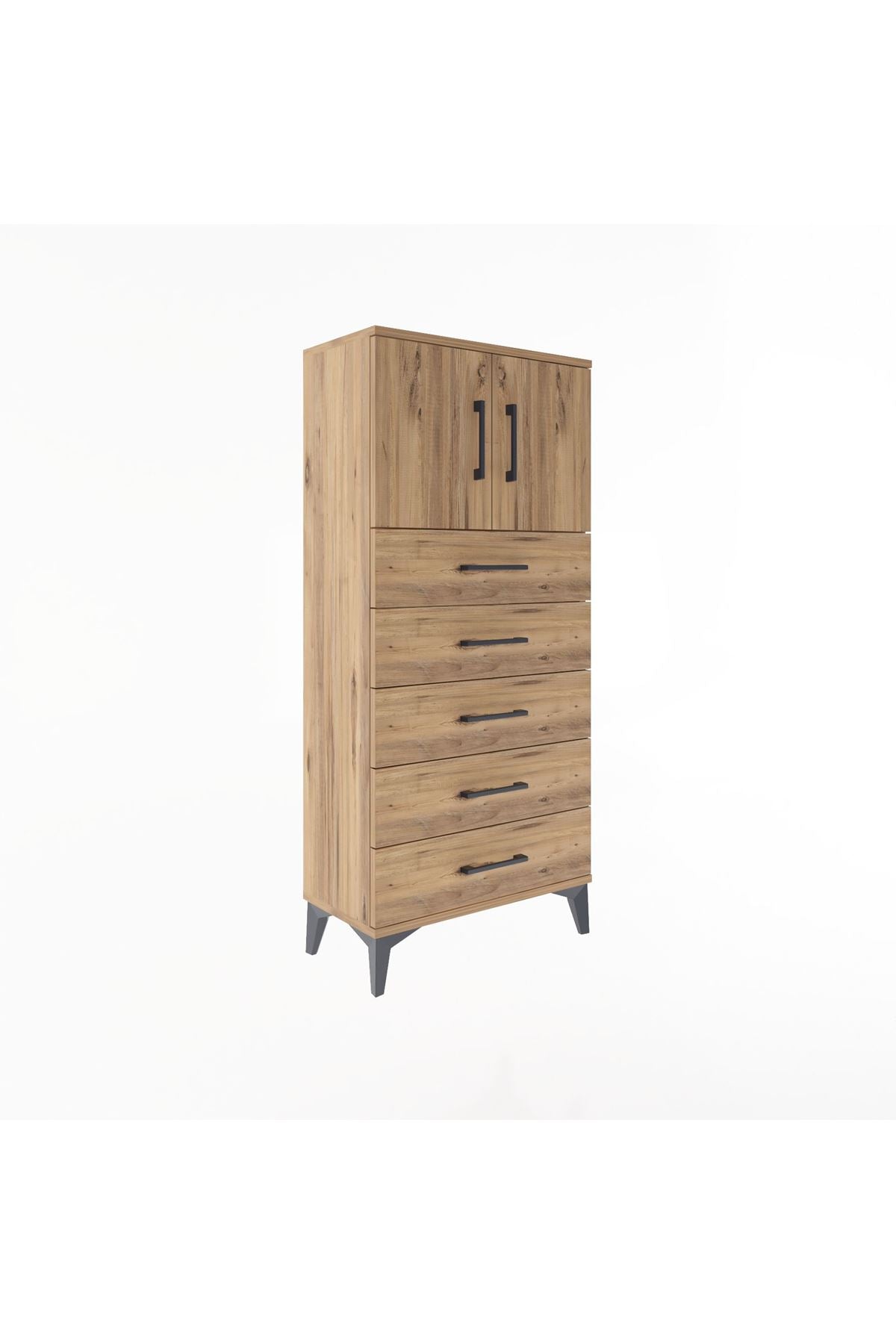 Arges Dolap Tek Raflı 4 Çekmeceli 2 Kapaklı 60x30x134 Çam-Çam