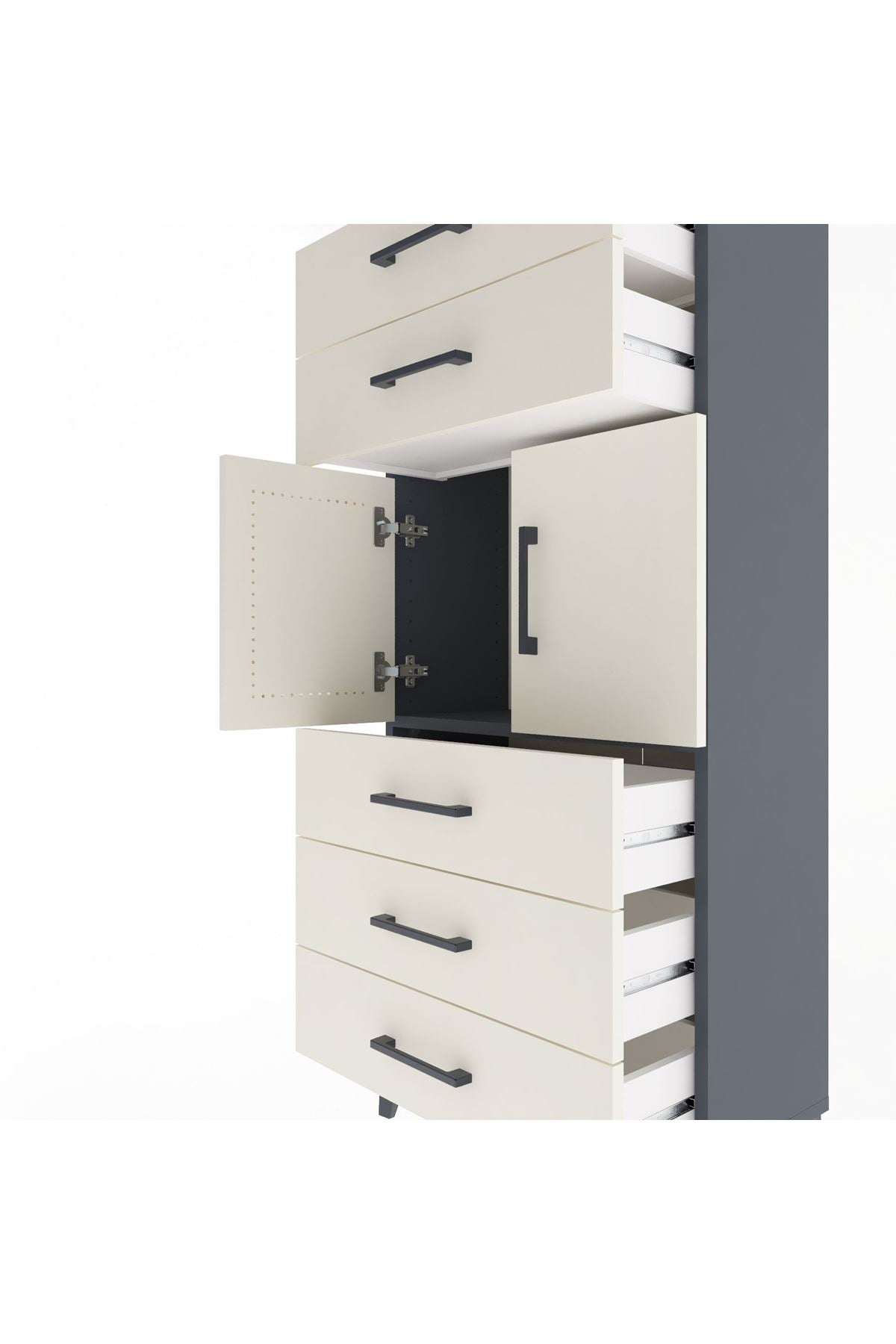 Arges Dolap Tek Raflı 5 Çekmeceli 2 Kapaklı 60x30x134 Antrasit-Aytaşı