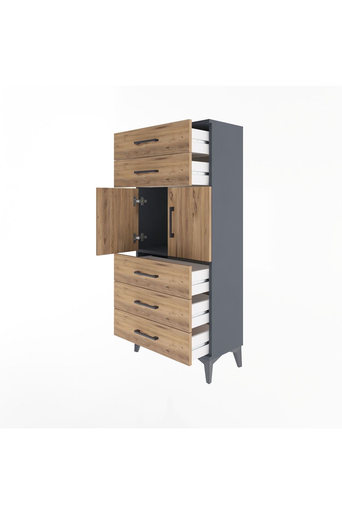 Arges Dolap Tek Raflı 5 Çekmeceli 2 Kapaklı 60x30x134 Antrasit-Çam