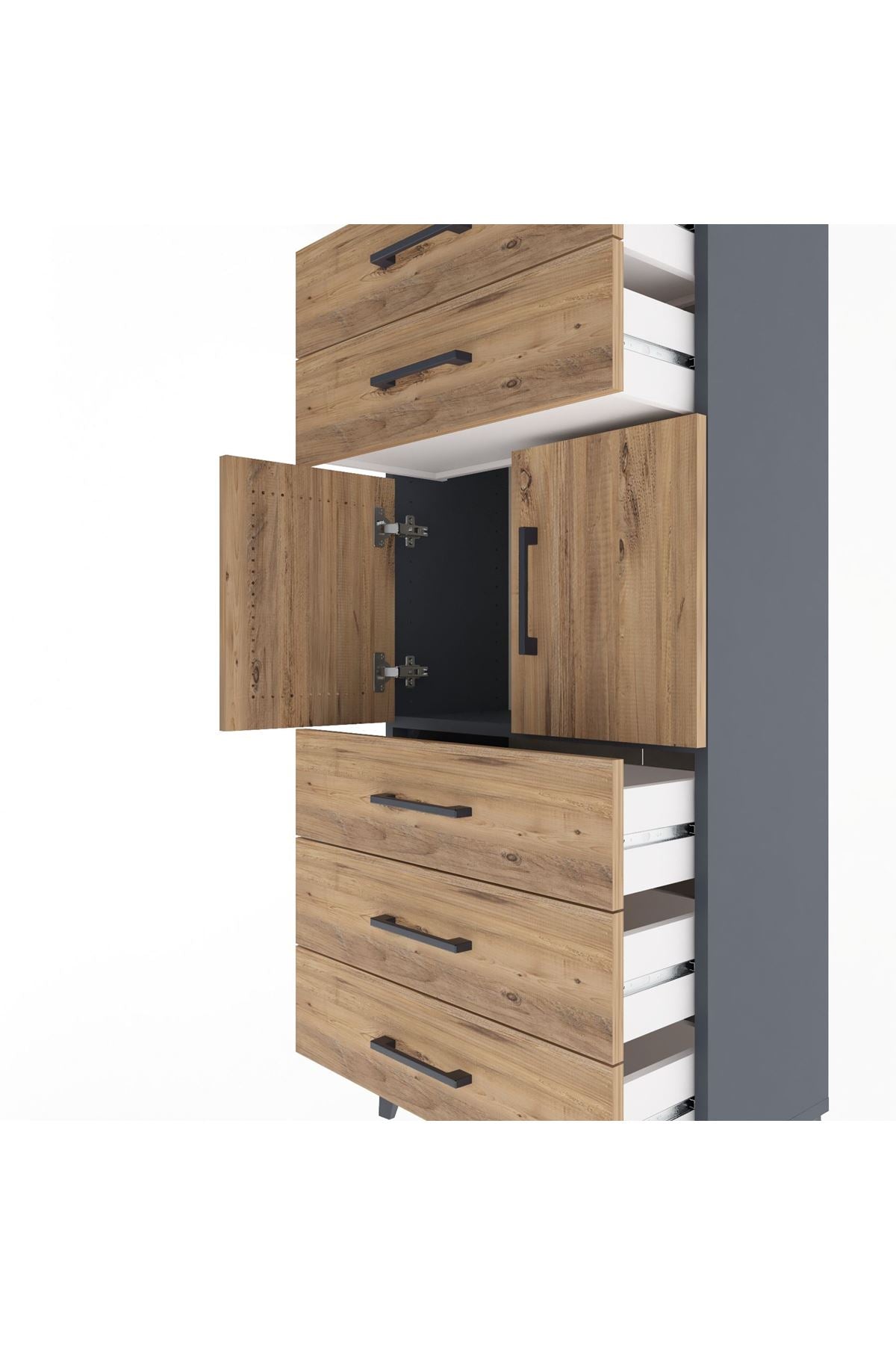 Arges Dolap Tek Raflı 5 Çekmeceli 2 Kapaklı 60x30x134 Antrasit-Çam
