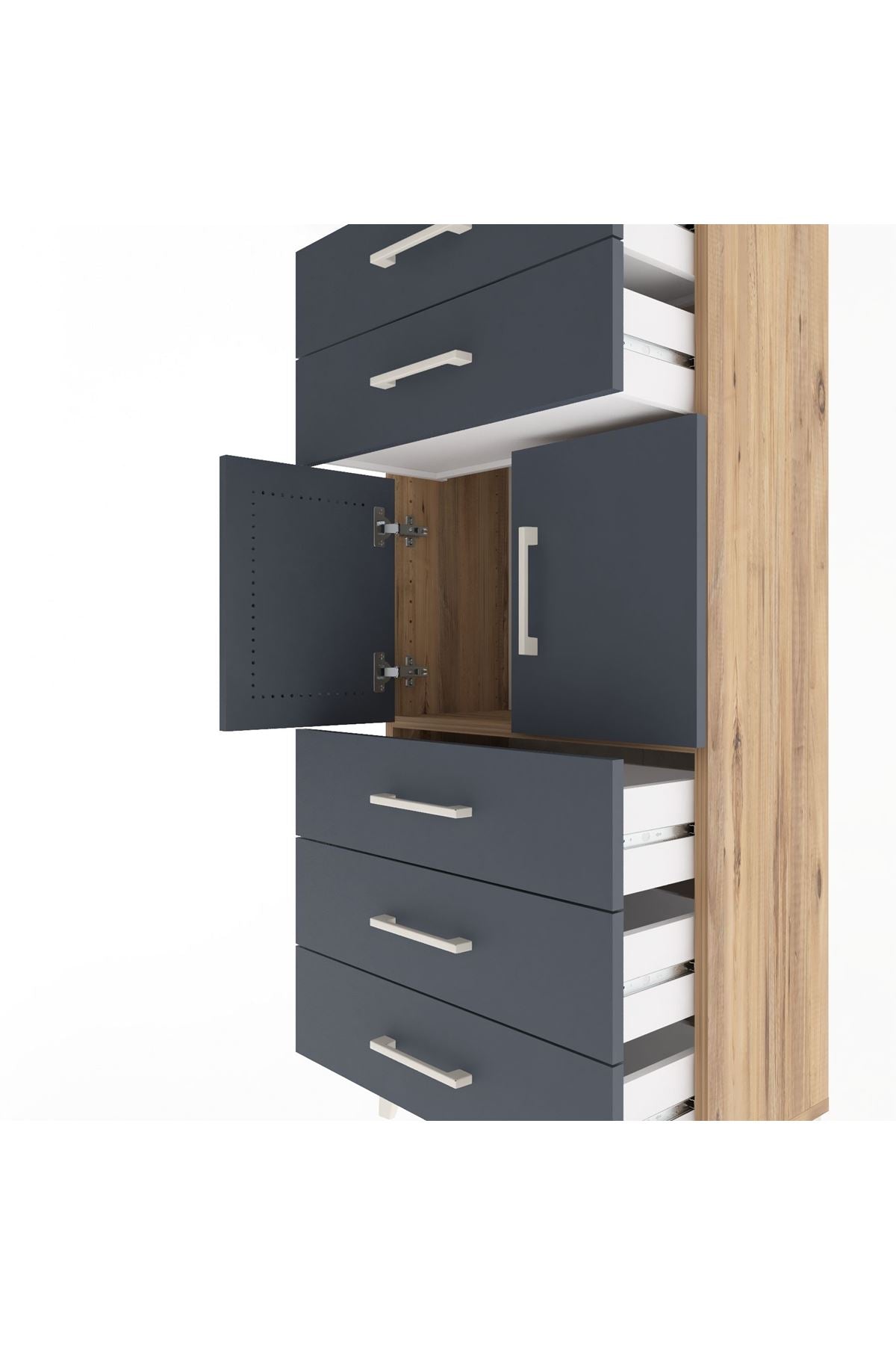 Arges Dolap Tek Raflı 5 Çekmeceli 2 Kapaklı 60x30x134 Çam-Antrasit