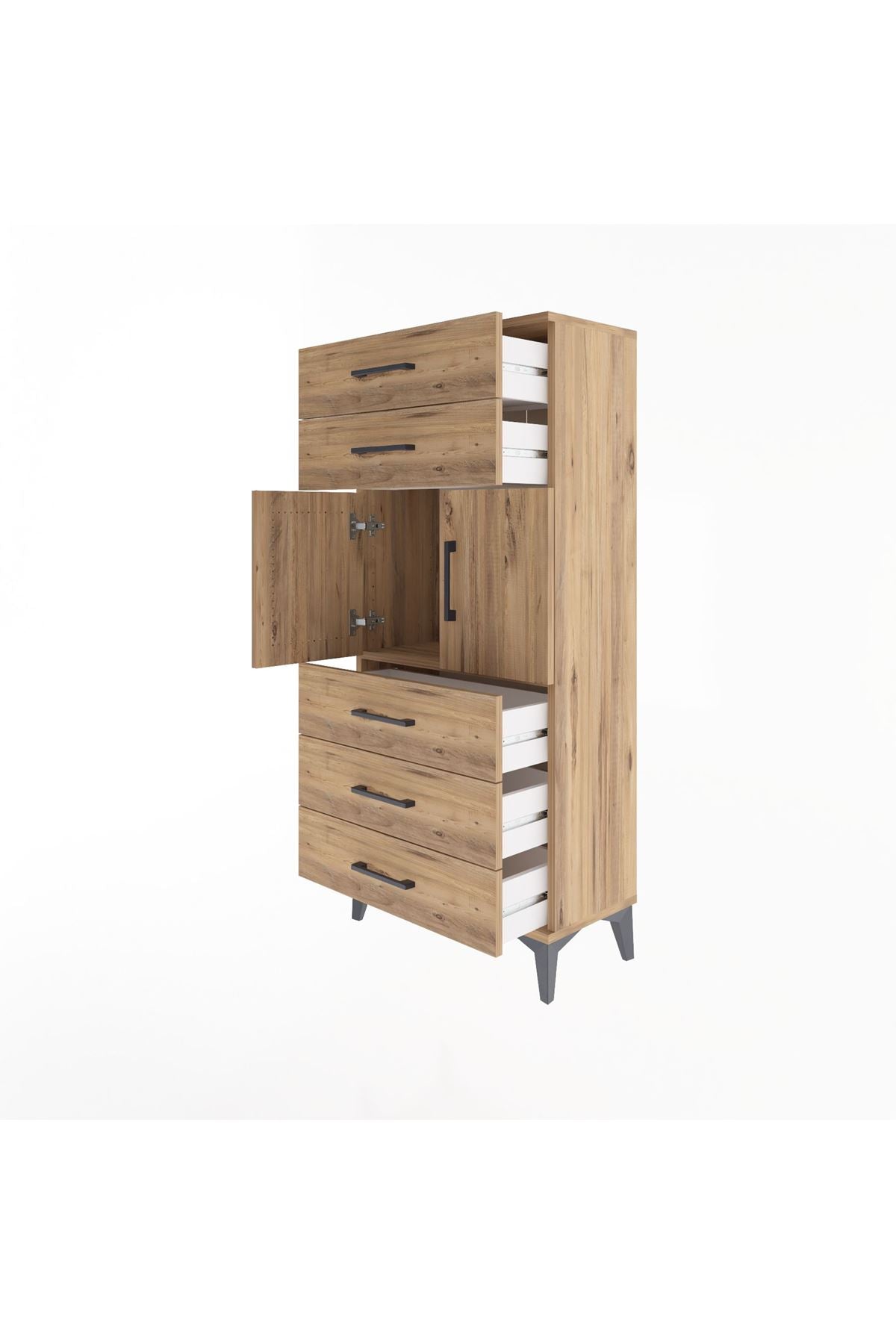 Arges Dolap Tek Raflı 5 Çekmeceli 2 Kapaklı 60x30x134 Çam-Çam