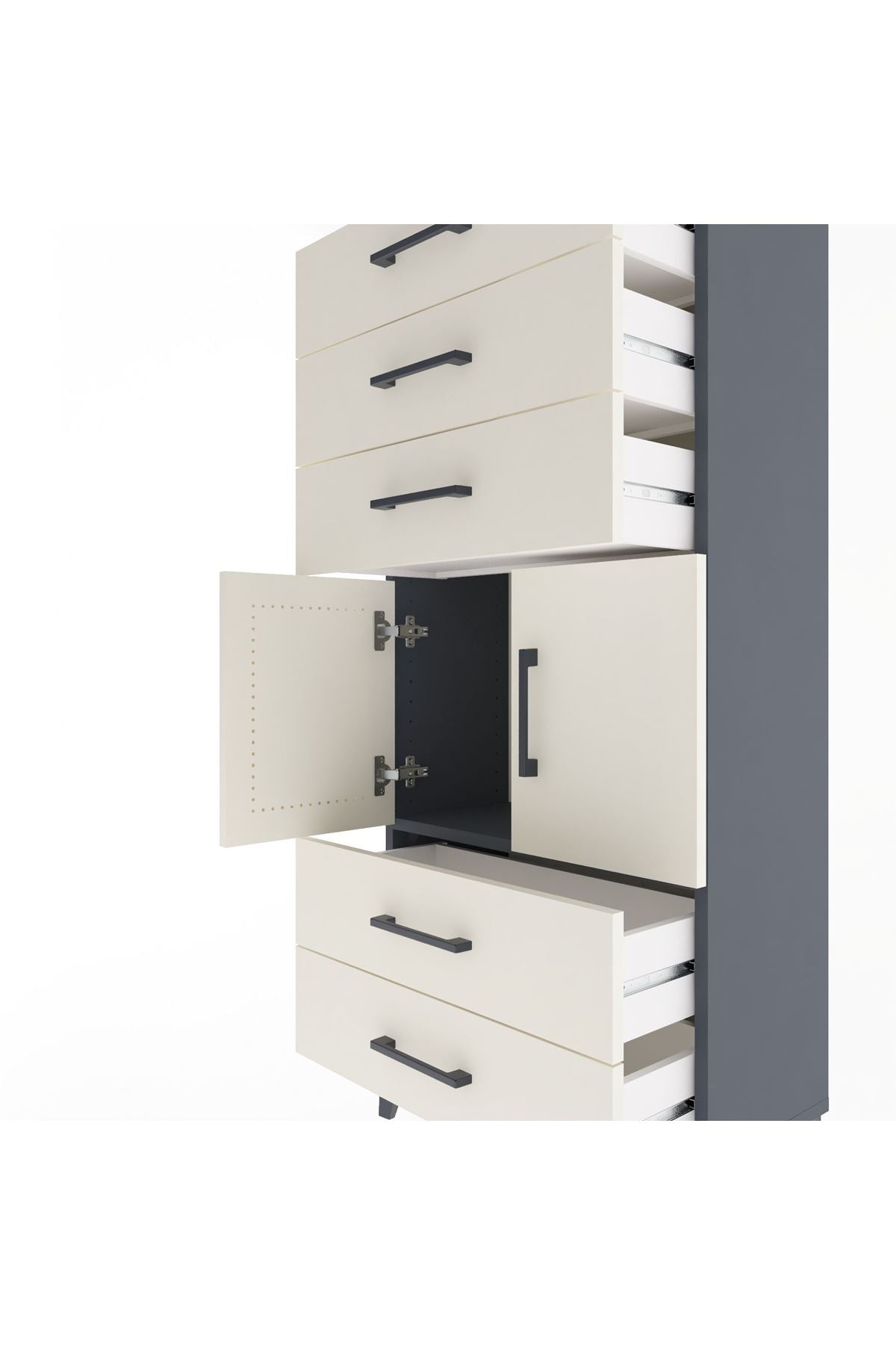 Arges Dolap Tek Raflı 5 Çekmeceli 2 Kapaklı 60x30x134 Antrasit-Aytaşı