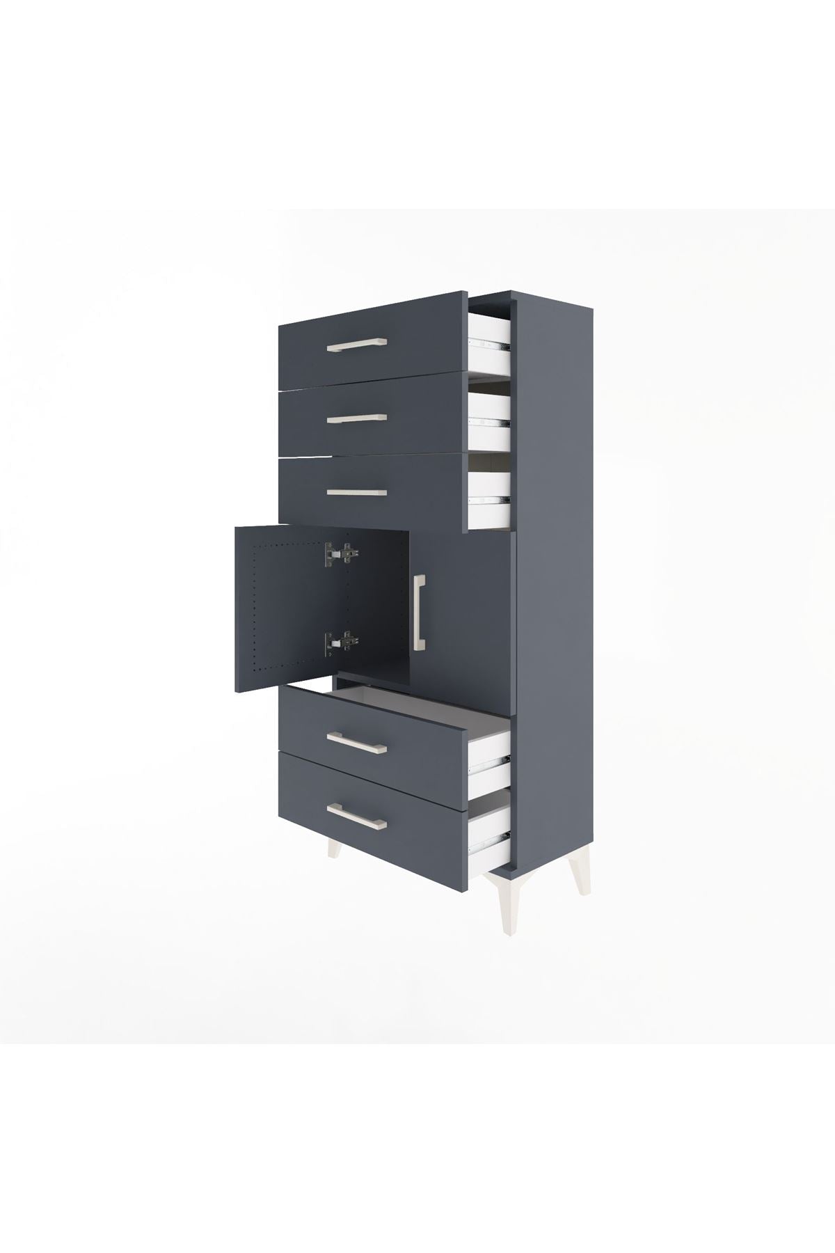 Arges Dolap Tek Raflı 5 Çekmeceli 2 Kapaklı 60x30x134 Antrasit-Antrasit