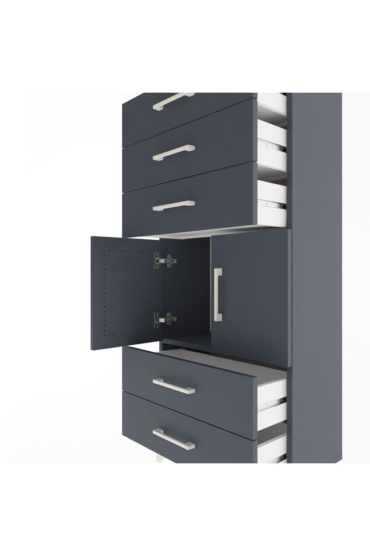 Arges Dolap Tek Raflı 5 Çekmeceli 2 Kapaklı 60x30x134 Antrasit-Antrasit