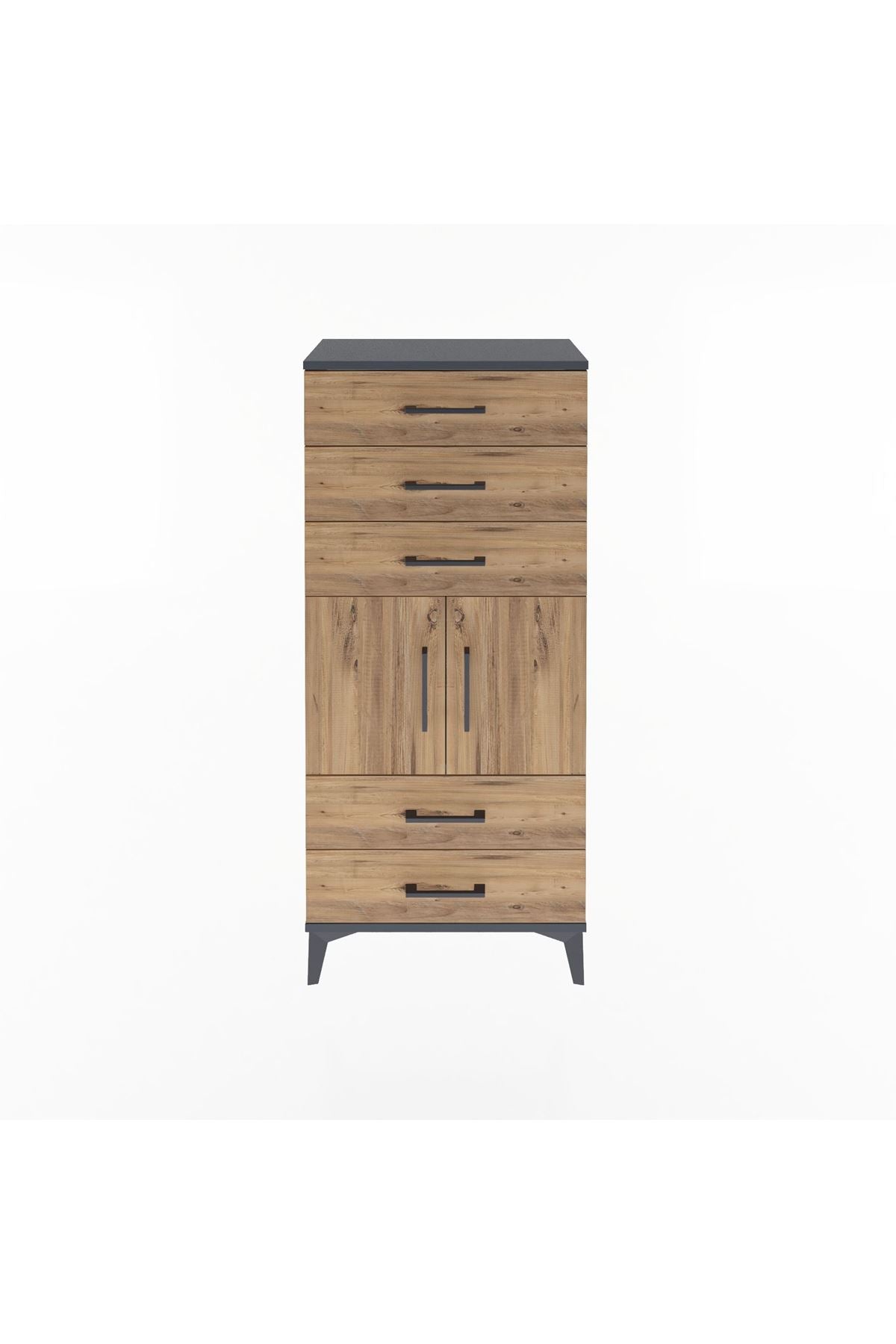 Arges Dolap Tek Raflı 5 Çekmeceli 2 Kapaklı 60x30x134 Antrasit-Çam