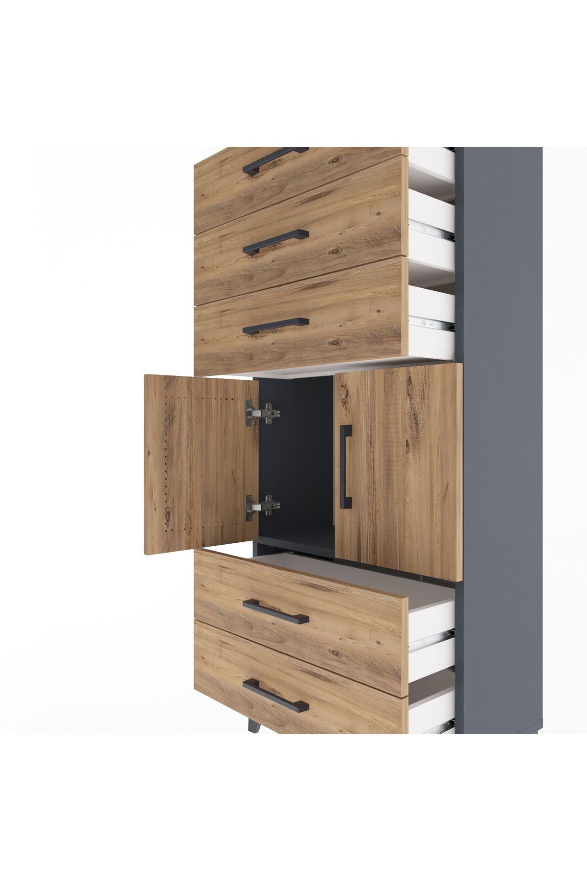 Arges Dolap Tek Raflı 5 Çekmeceli 2 Kapaklı 60x30x134 Antrasit-Çam