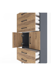 Arges Dolap Tek Raflı 5 Çekmeceli 2 Kapaklı 60x30x134 Antrasit-Çam