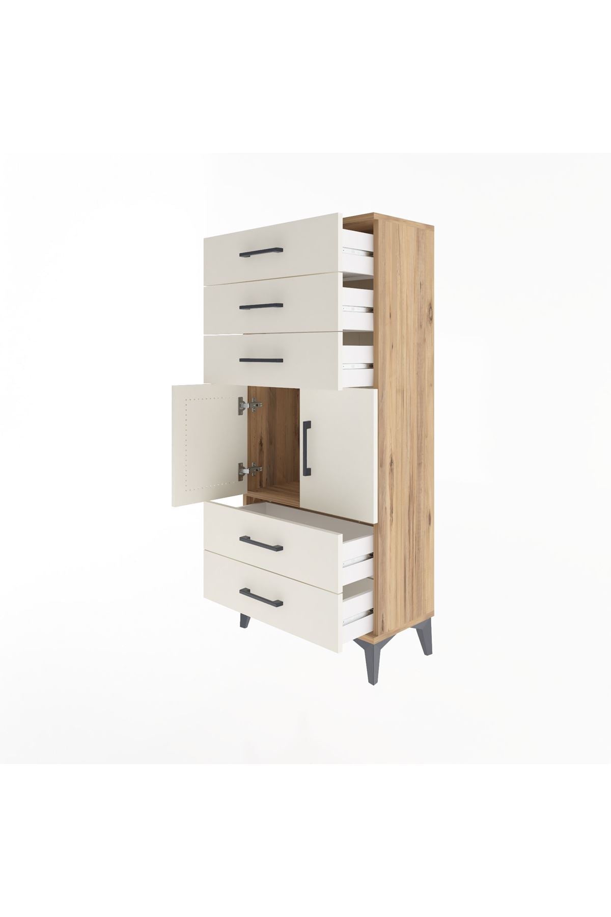 Arges Dolap Tek Raflı 5 Çekmeceli 2 Kapaklı 60x30x134 Çam-Aytaşı