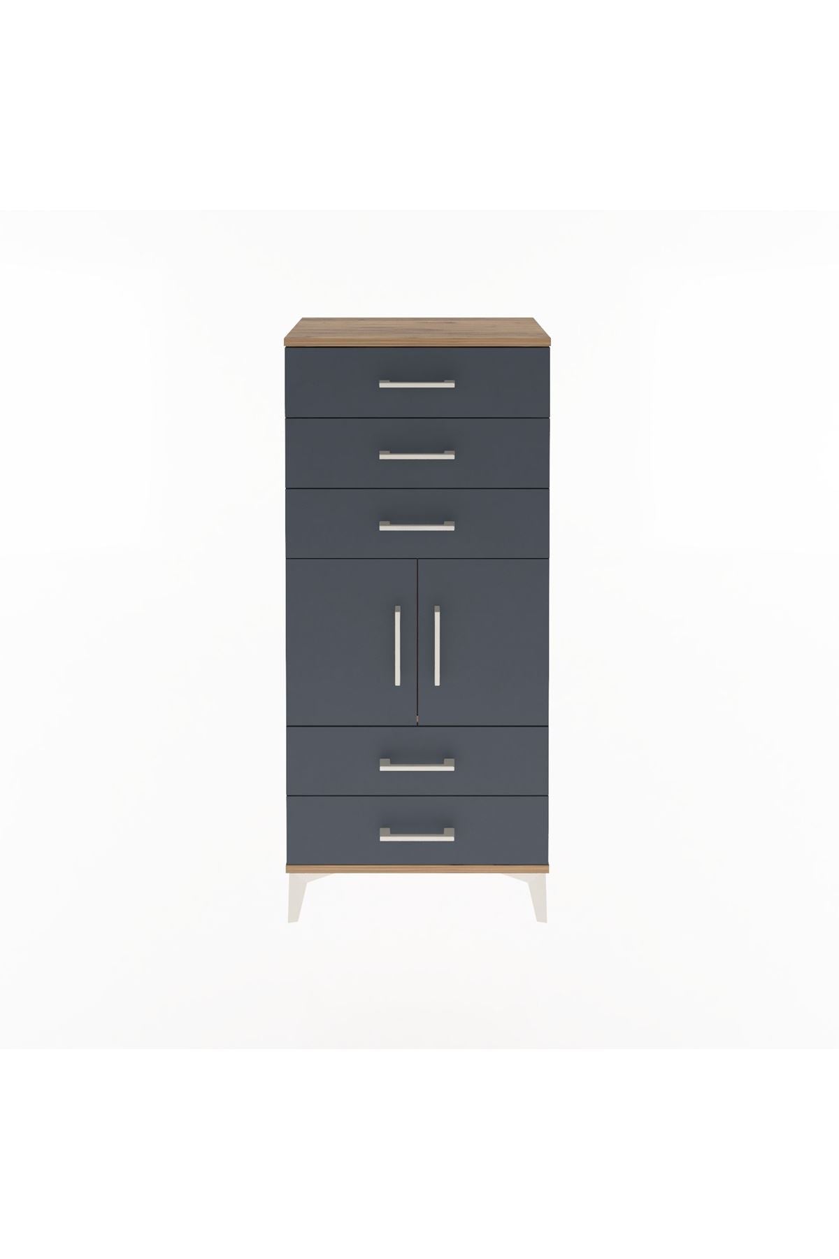 Arges Dolap Tek Raflı 5 Çekmeceli 2 Kapaklı 60x30x134 Çam-Antrasit