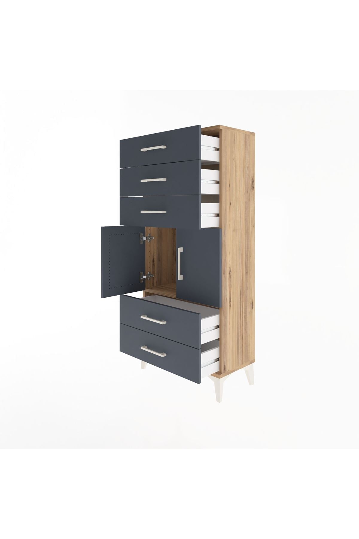 Arges Dolap Tek Raflı 5 Çekmeceli 2 Kapaklı 60x30x134 Çam-Antrasit