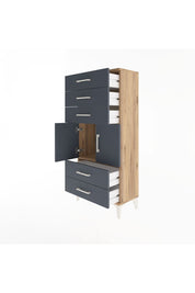 Arges Dolap Tek Raflı 5 Çekmeceli 2 Kapaklı 60x30x134 Çam-Antrasit