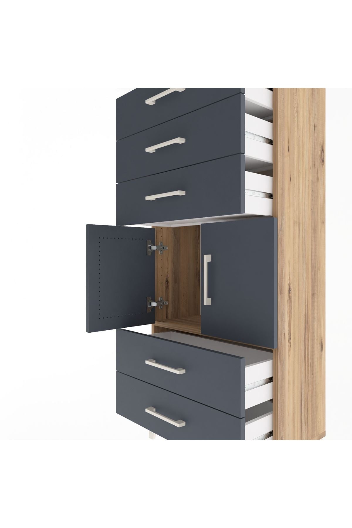 Arges Dolap Tek Raflı 5 Çekmeceli 2 Kapaklı 60x30x134 Çam-Antrasit