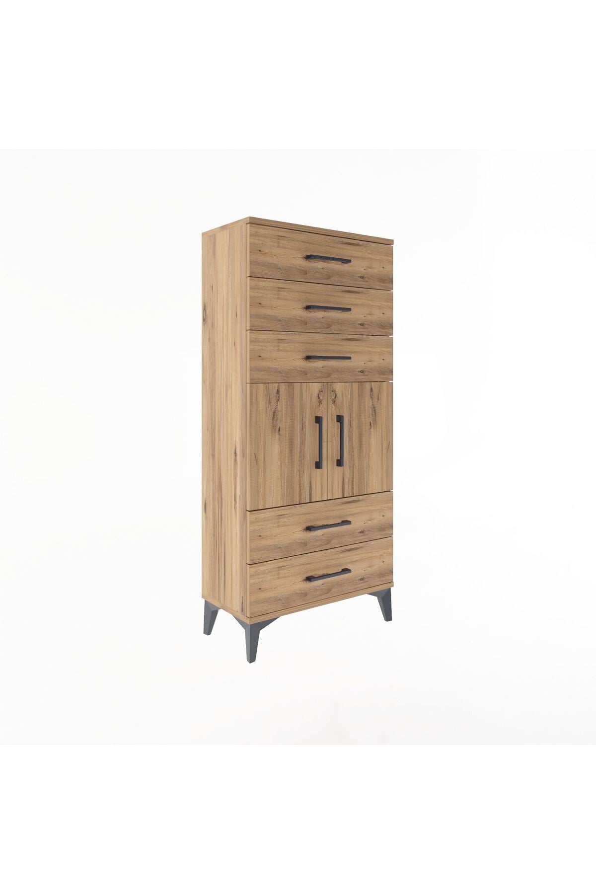 Arges Dolap Tek Raflı 5 Çekmeceli 2 Kapaklı 60x30x134 Çam-Çam