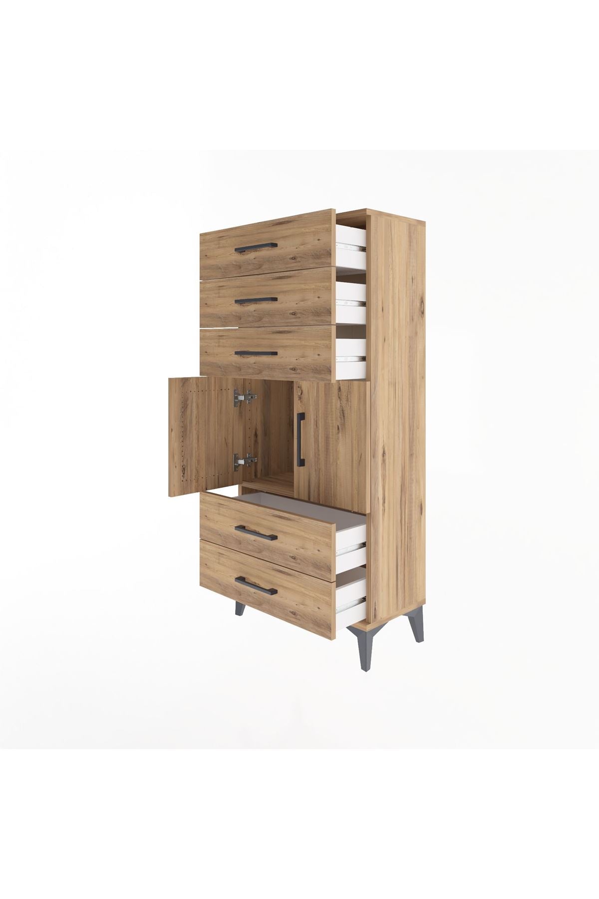 Arges Dolap Tek Raflı 5 Çekmeceli 2 Kapaklı 60x30x134 Çam-Çam