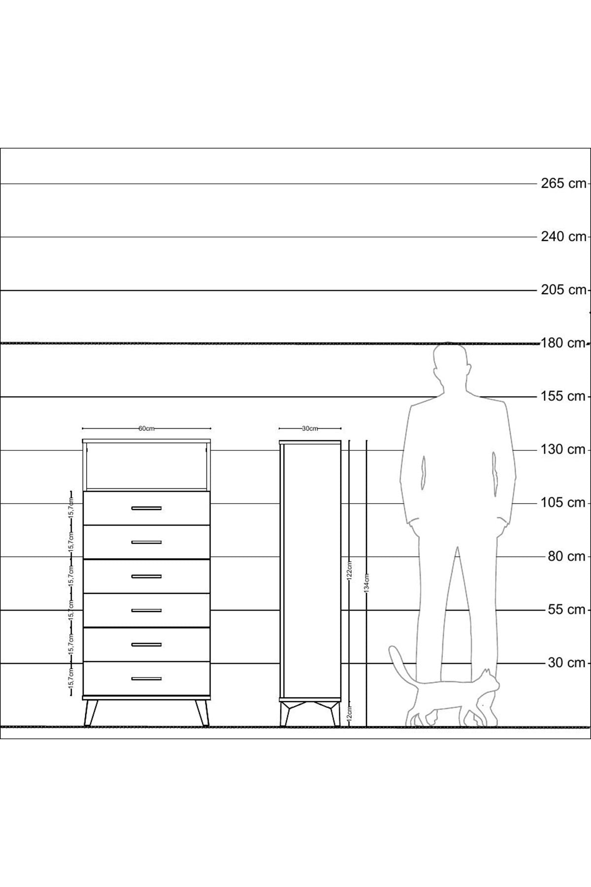Arges Dolap Tek Raflı 6 Çekmeceli 60x30x134 Çam-Antrasit