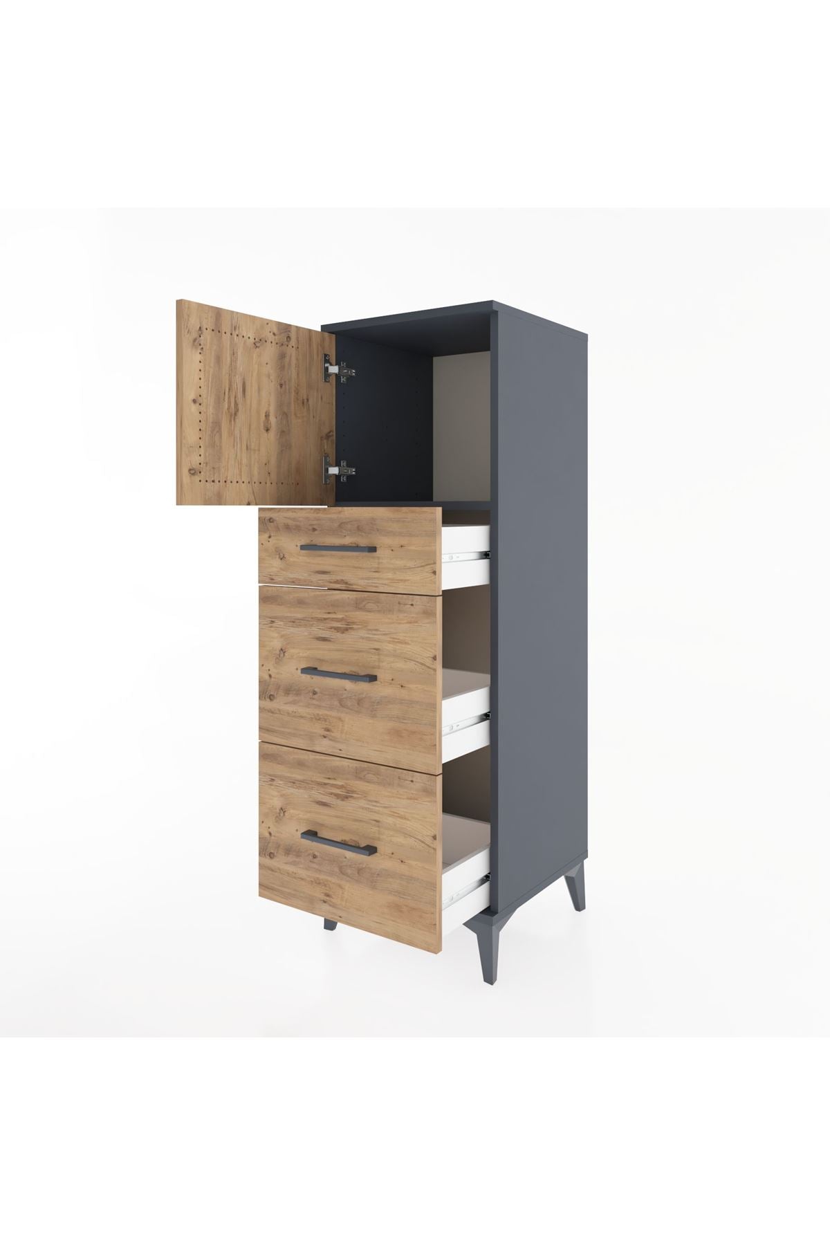 Hyperion Dolap Tek Raflı 3 Çekmeceli Tek Kapaklı 44x44x134 Antrasit-Çam