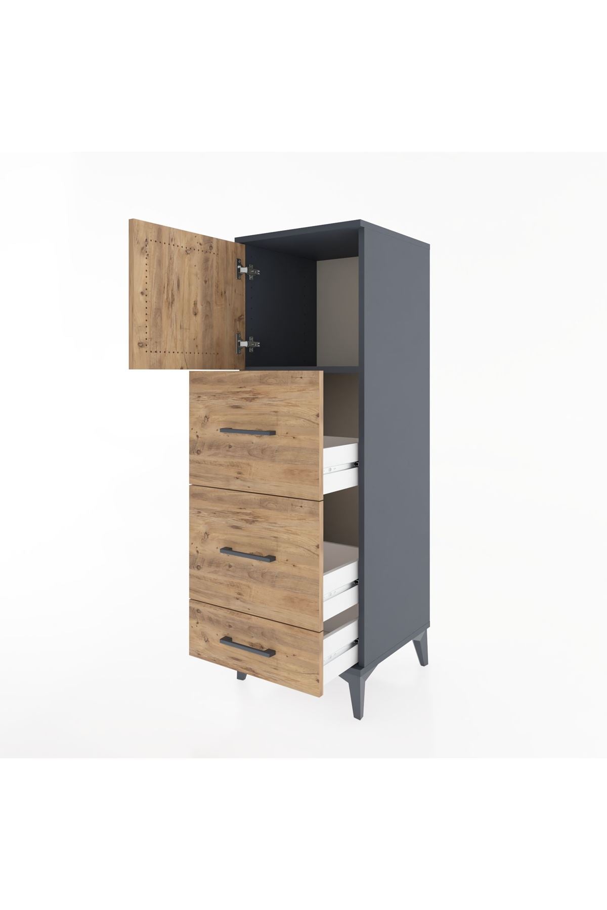 Hyperion Dolap Tek Raflı 3 Çekmeceli Tek Kapaklı 44x44x134 Antrasit-Çam