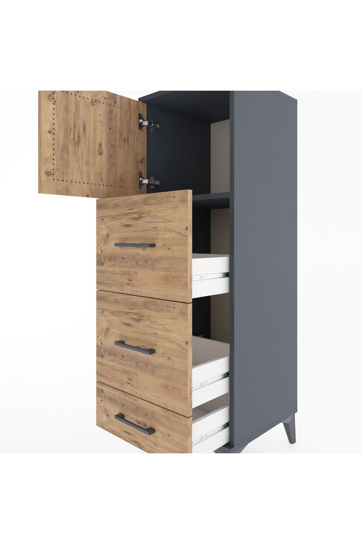 Hyperion Dolap Tek Raflı 3 Çekmeceli Tek Kapaklı 44x44x134 Antrasit-Çam