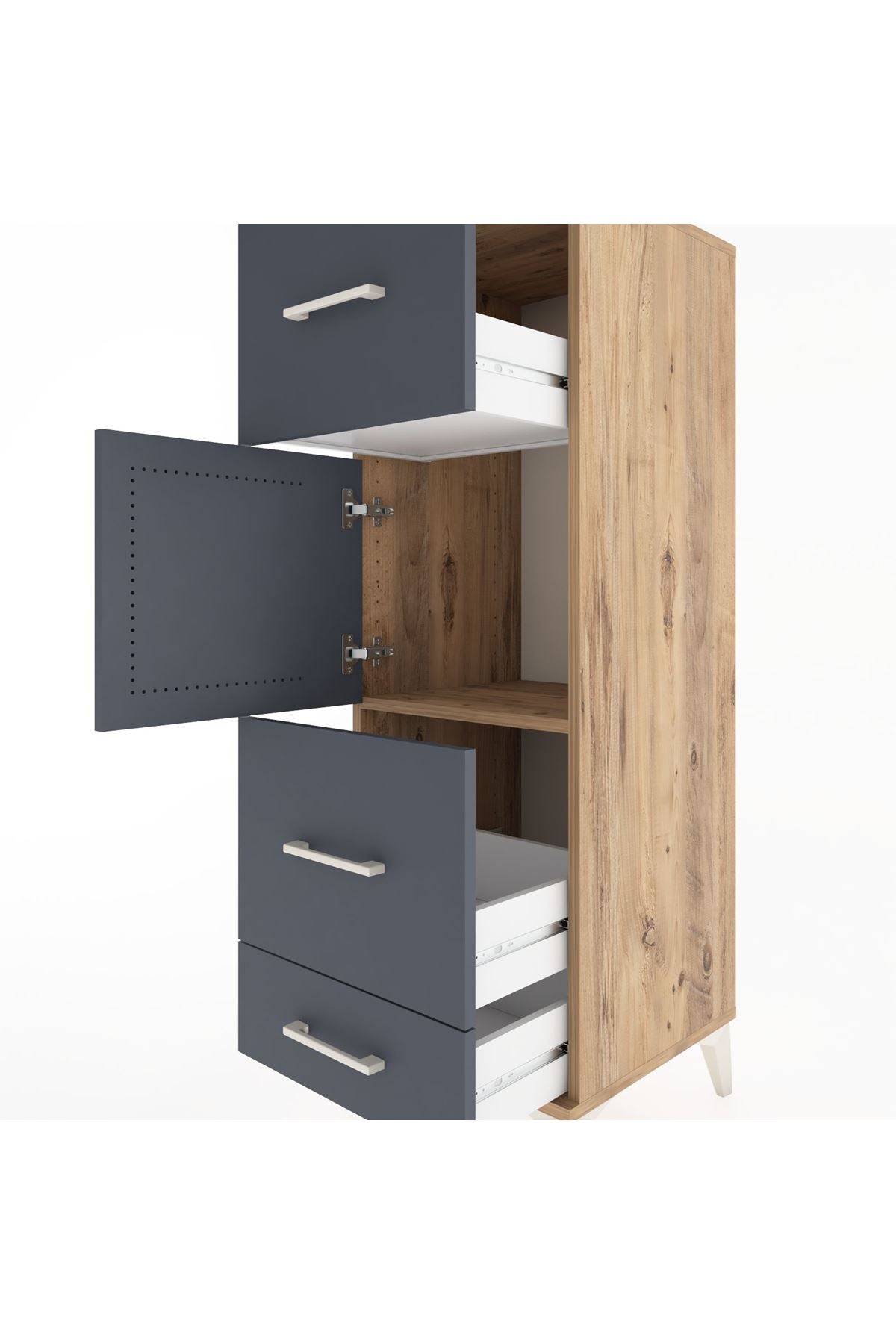 Hyperion Dolap Tek Raflı 3 Çekmeceli Tek Kapaklı 44x44x134 Çam-Antrasit